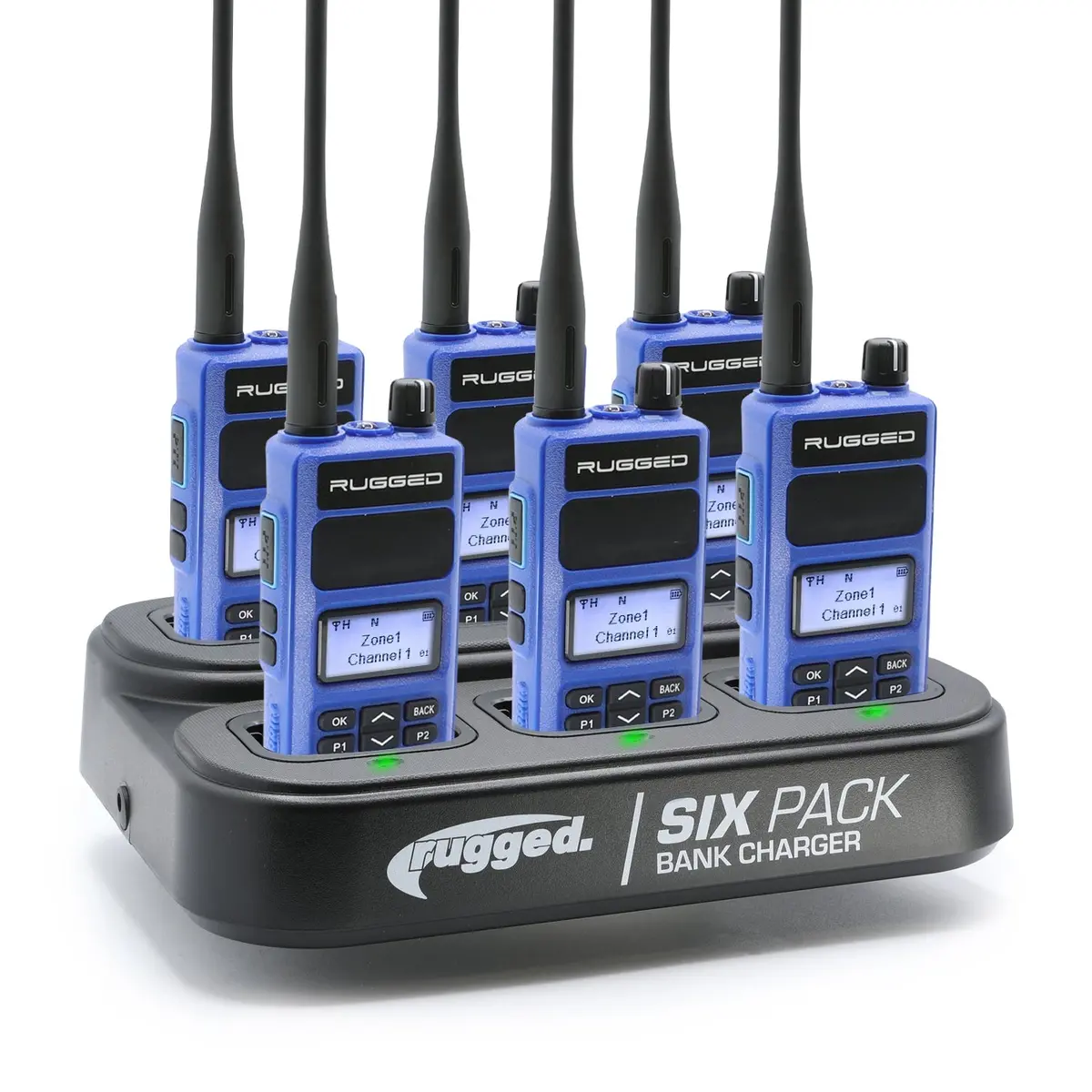 Rugged Radios R1 Two Way Handheld Radio Kit W/ Six Pack Bank Charger - Vhf/Uhf - Blue (6 Pack) 1