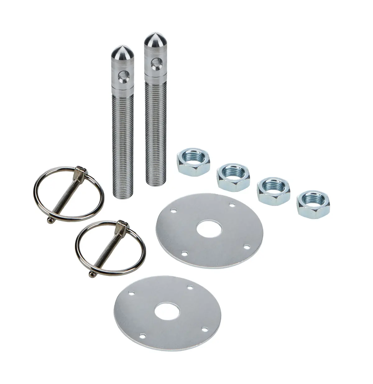 Allstar Performance Aluminum Hood Pin Kit - 0.5 In Od X 4 In Long - 2.25 In Od Scuff Plates - 0.188 In Torsion Clips 1