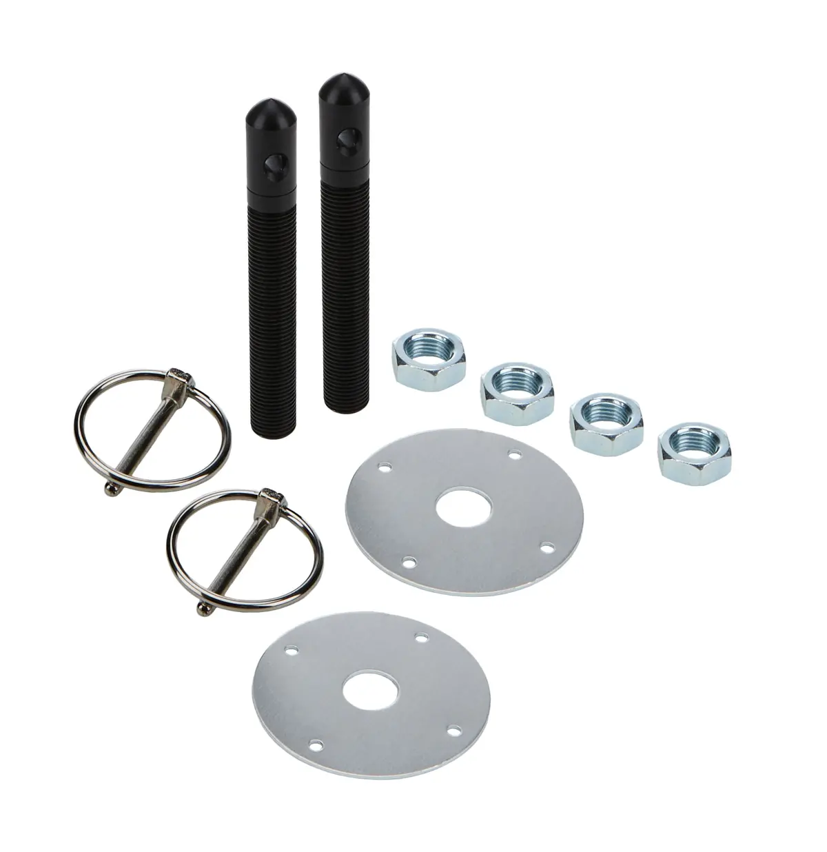 Allstar Performance Aluminum Hood Pin Kit - 0.5 In Od X 4 In Long - 2.25 In Od Scuff Plates - 0.188 In Torsion Clips - Black 1