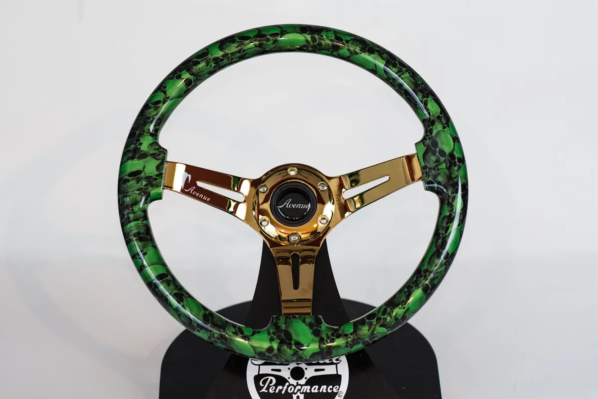 Avenue Green Skulls/ Gold Spokes Hydro Dipped Steering Wheel (Limited Edition) 1