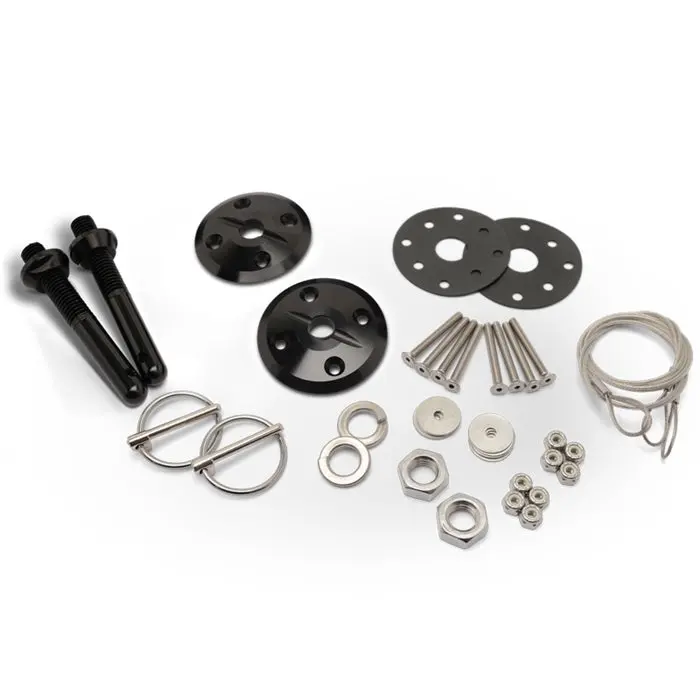 Eddie Motorsports Billet Aluminum Hood Pin Kit - 0.5 In Od X 4 In Long - 2.5 In Od Scuff Plates - Torsion Clips - Black 1
