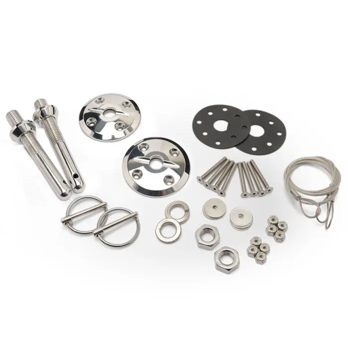 Eddie Motorsports Billet Aluminum Hood Pin Kit - 0.5 In Od X 4 In Long - 2.5 In Od Scuff Plates - Torsion Clips - Polished 1