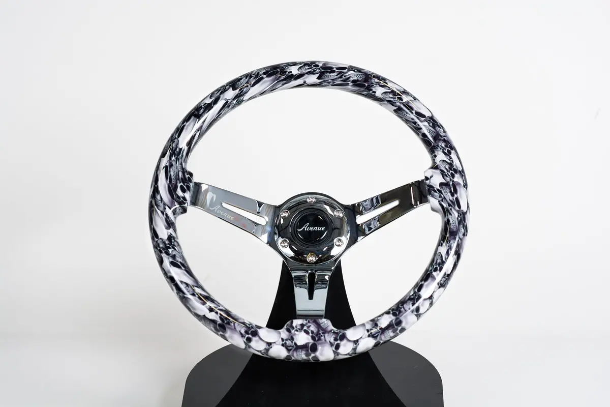 Avenue White Skulls/ Chrome Spokes Hydro Dipped Steering Wheel 1