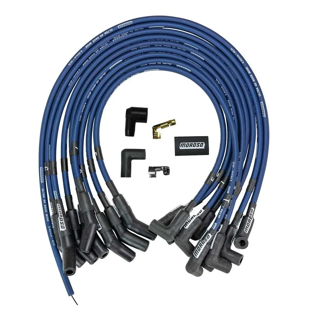 Moroso Ultra 40 Spark Plug Wire Set - Spiral Core - 8.65 Mm - Blue - 135 Degree Plug Boots - Hei Style Terminal - Big Block Ford 1