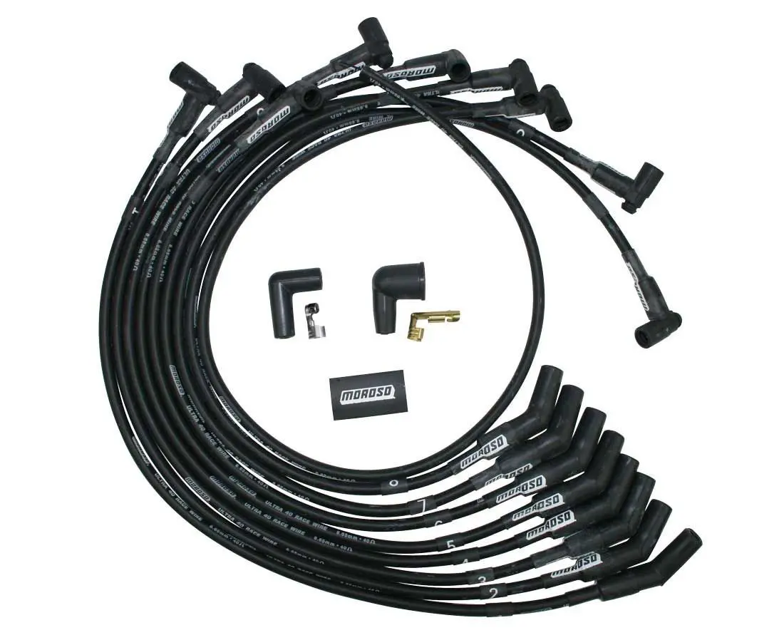 Moroso Ultra 40 Spark Plug Wire Set - Spiral Core - 8.65 Mm - Black - 135 Degree Plug Boots - Hei Style Terminal - Big Block Ford 1