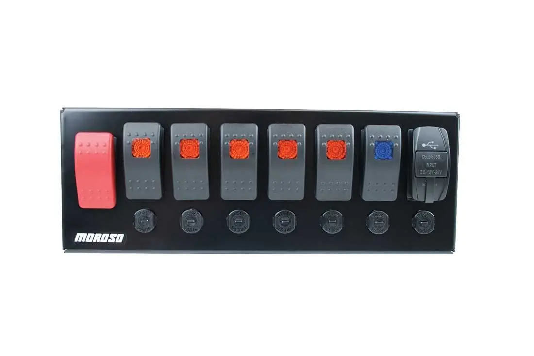 Moroso Roll Bar Mount Switch Panel - 10.125 X 3.5 In - 5 Rockers / 1 Momentary Rocker / 1 Dual Usb Port - 20 Amps Breakers 1