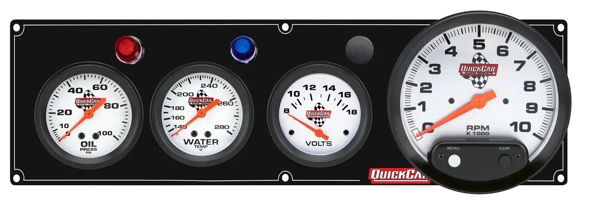 Quickcar Legend Series Gauge Panel Assembly - Op / Wt / Volt / 5 In Tach - 2-5/8 In Diameter - Black Panel / White Face - Warning Lights 1