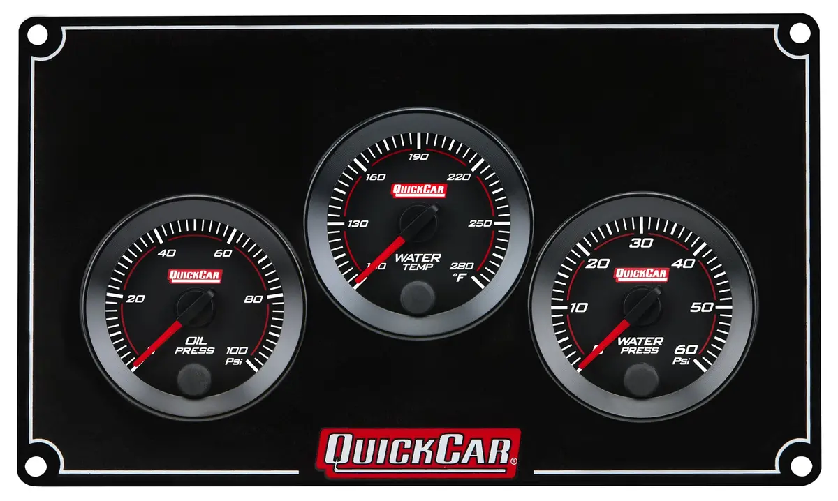 Quickcar Redline Gauge Panel Assembly - Op / Wt / Wp - 2-1/16 In Diameter - Black Panel / Black Face 1