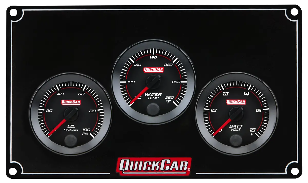 Quickcar Redline Gauge Panel Assembly - Op / Wt / Volt - 2-1/16 In Diameter - Black Panel / Black Face 1