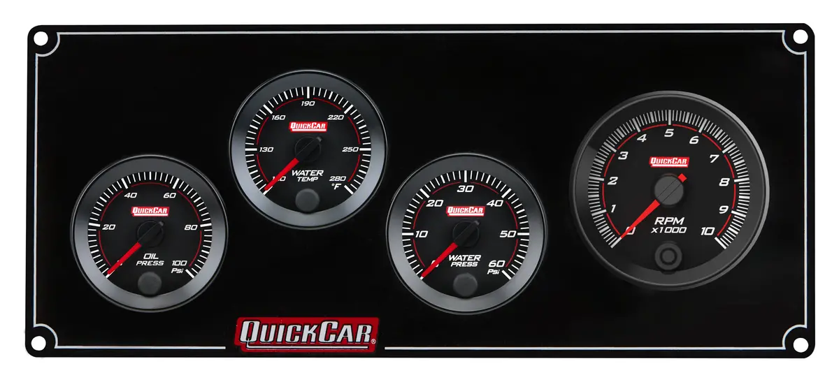 Quickcar Redline Gauge Panel Assembly - Op / Wt / Wp / 2-5/8 In Recall Tach - 2-1/16 In Diameter - Black Panel / Black Face 1