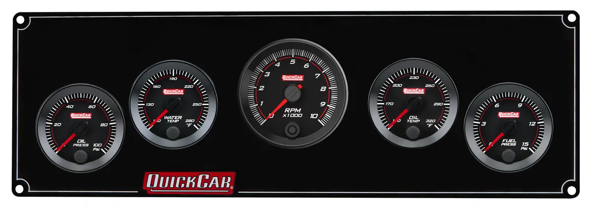 Quickcar Redline Gauge Panel Assembly - Op / Wt / Ot / 2-5/8 In Recall Tach / 0-15 Psi Fp - 2-1/16 In Diameter - Black Panel / Black Face 1