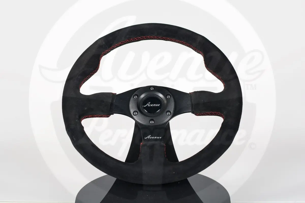 Avenue Black Suede/ Red Stitch/ Black Spokes Flat Line Steering Wheel 330Mm 1